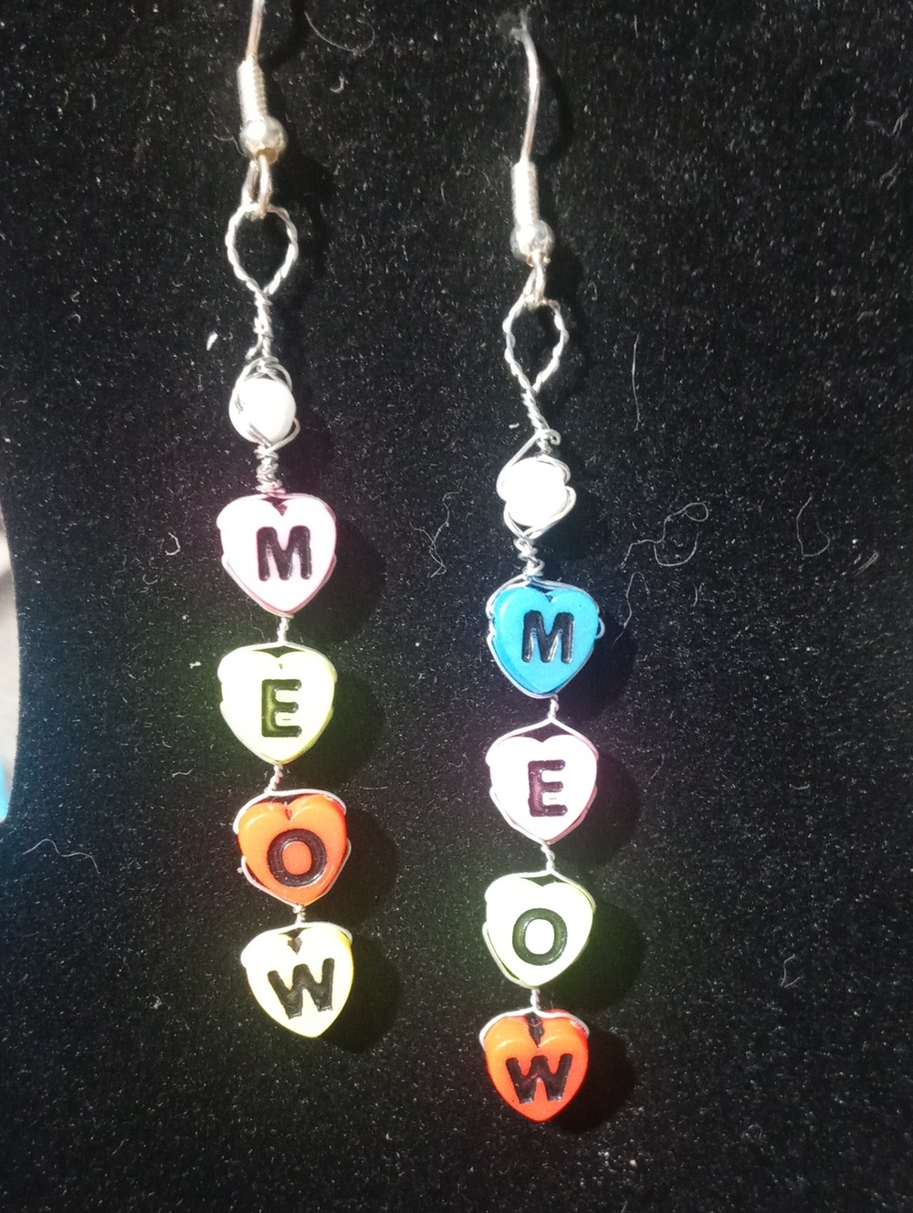 Multicolor Heart 'MEOW' Drop Earrings - Playful Rainbow Letter Charms